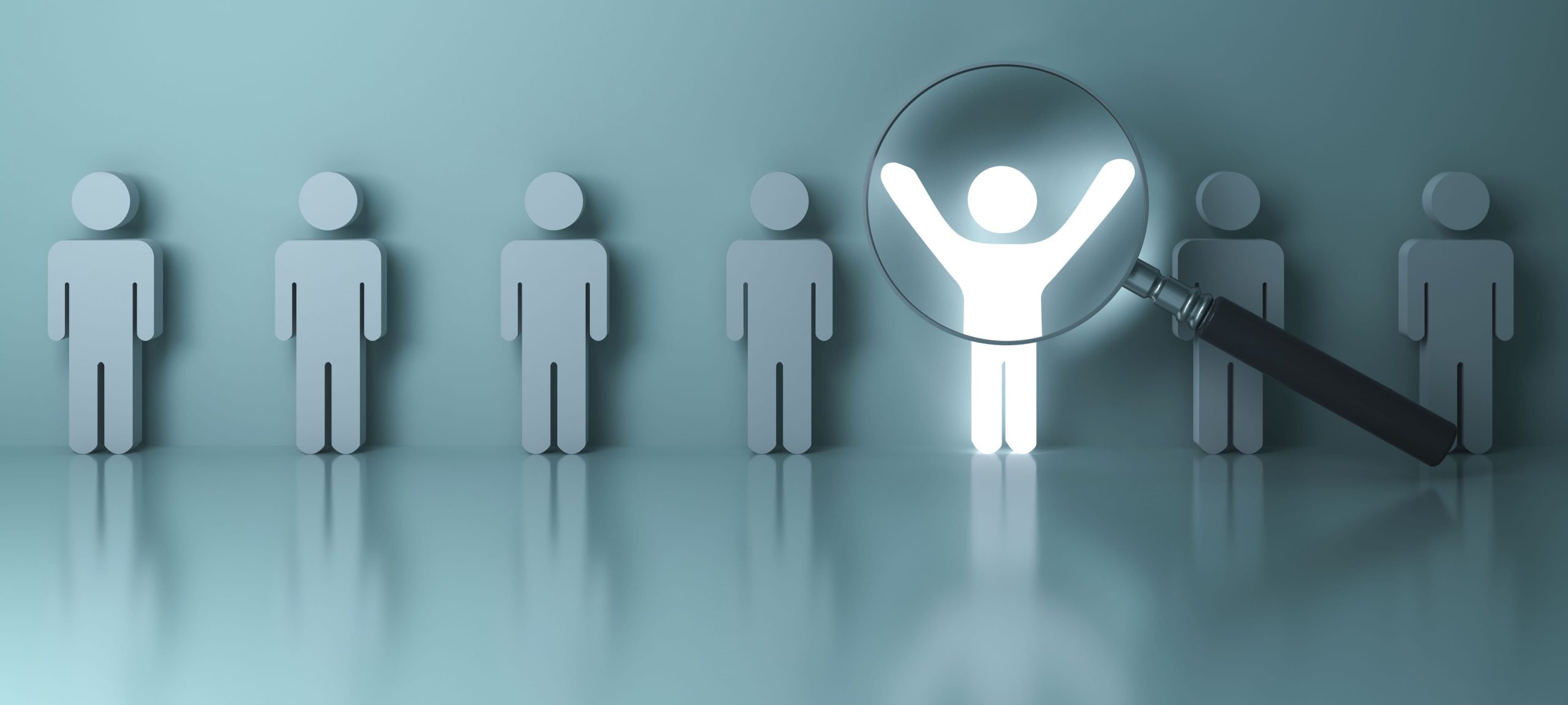 Searching for the right person concept, Stand out from the crowd and different concept , Magnifying glass focusing on the light man standing with arms wide open on green wall background. 3D rendering